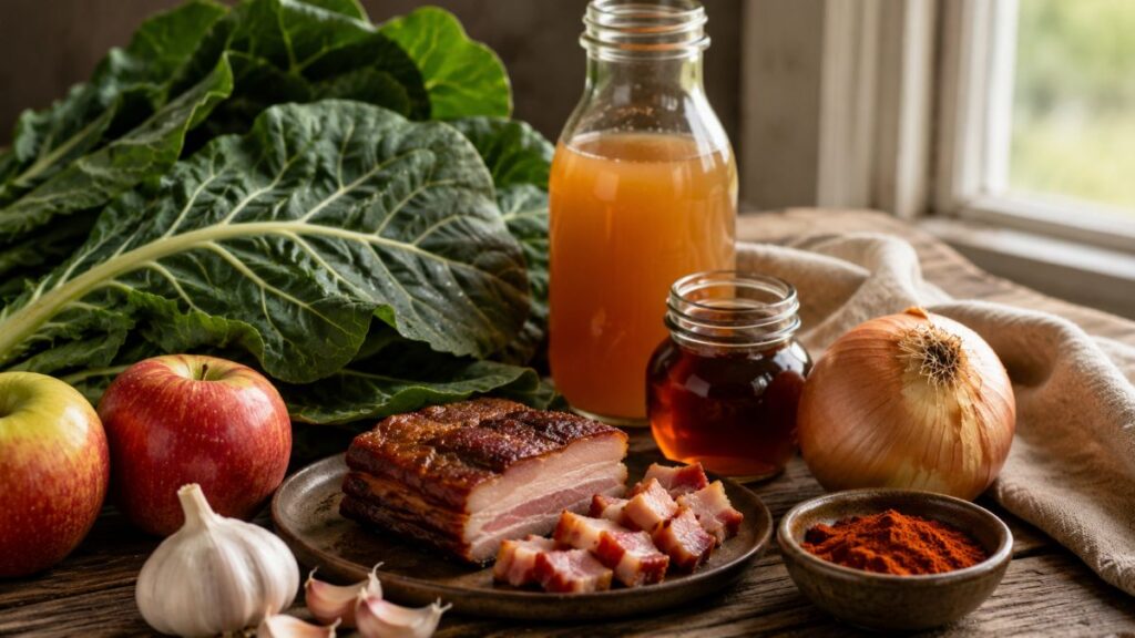 Apple Cider, Maple Syrup, Collard Greens, Smoked Pork, Onion, Garlic And Smoked Paprika On A Rustic Table