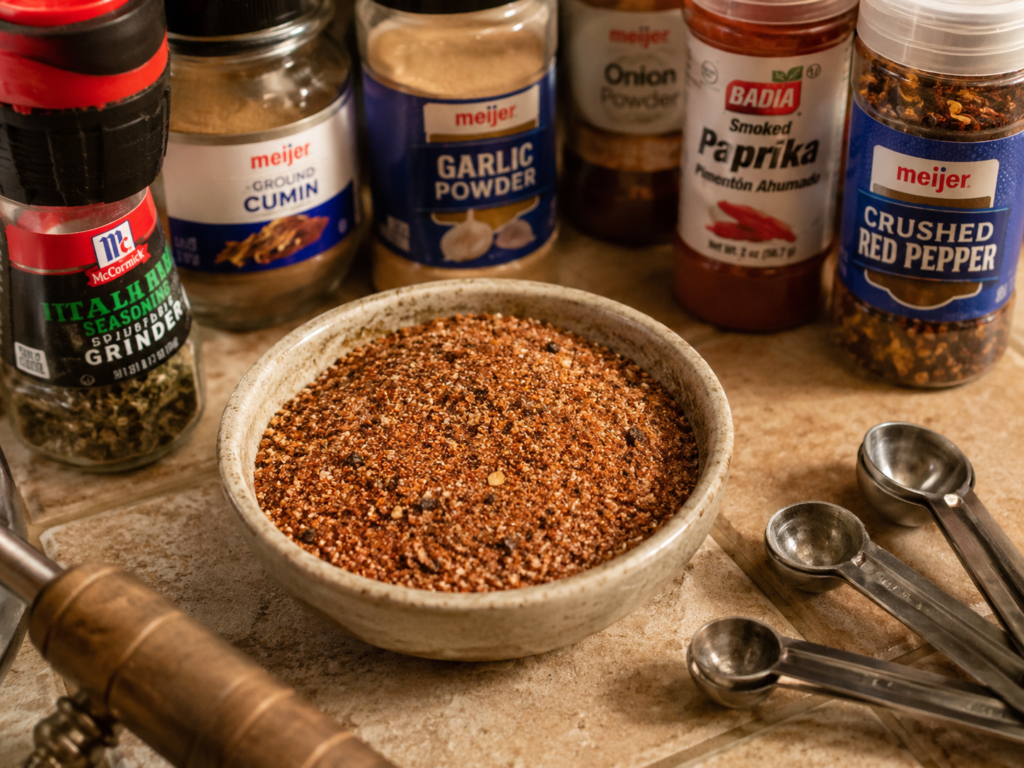 Homemade Barbecue Dry Rub In A Bowl Surrounded By Spice Jars And Measuring Spoons.
