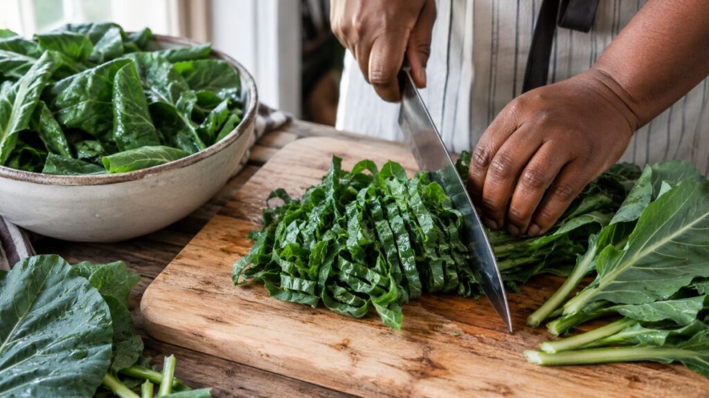 Hands Slicing Fresh Collard Greens Into Ribbons On A Wooden Cutting Board