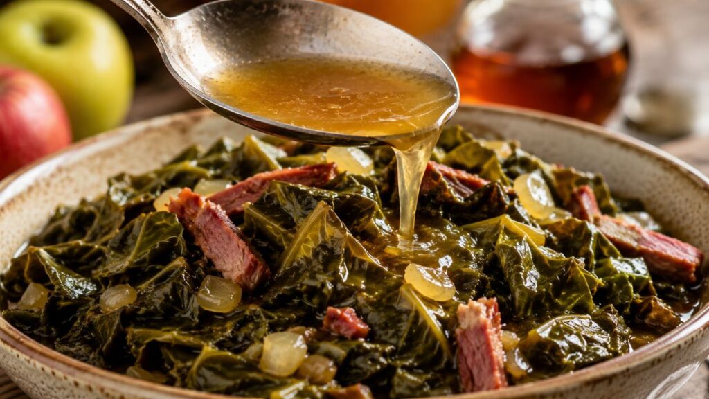 Spoon Pouring Savory Broth Over Collard Greens With Smoked Pork And Onions