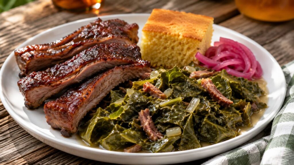 Bowl Of Michigan-Style Collard Greens With Smoked Pork, Onions, Apple Cider And Maple Syrup Nearby
