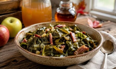 Plate Of Bbq Ribs With Michigan-Style Collard Greens, Cornbread And Pickled Red Onions