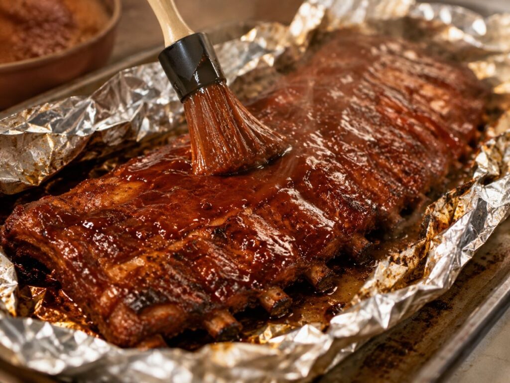 Cooked Pork Ribs Being Brushed With Glossy Barbecue Sauce In Foil On A Baking Sheet.