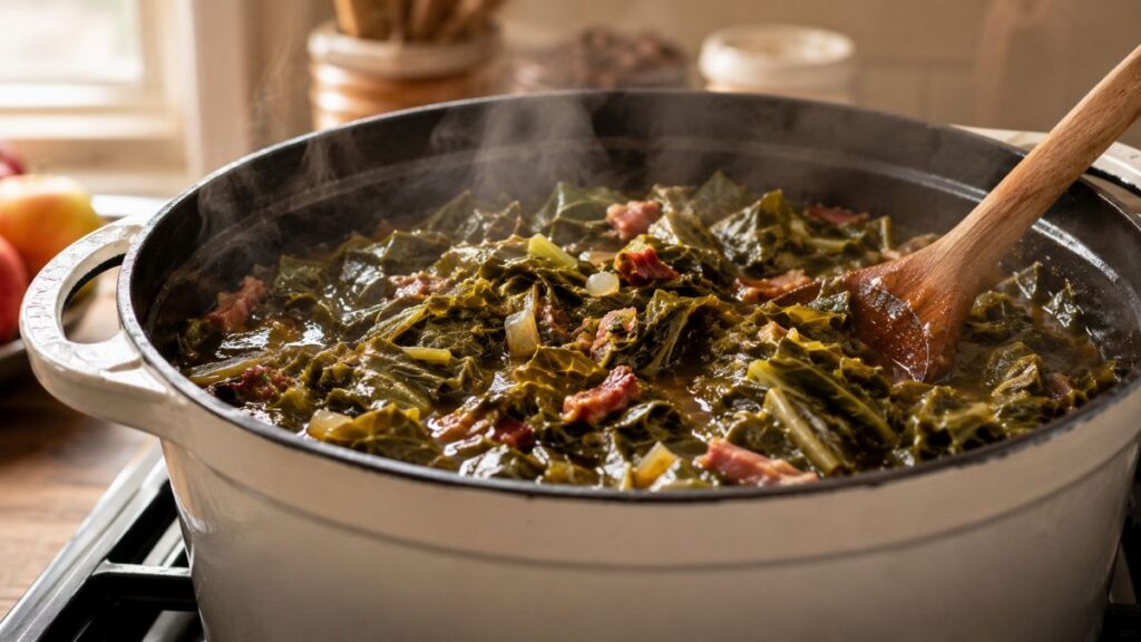 Michigan-Style Collard Greens Simmering In A Dutch Oven With Smoked Meat, Onions And Broth