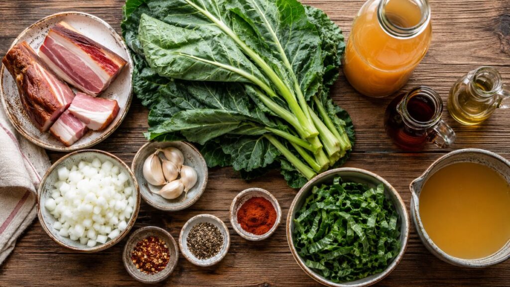 Ingredients For Michigan-Style Collard Greens Including Collards, Bacon, Apple Cider, Maple Syrup, Onion, Garlic And Spices