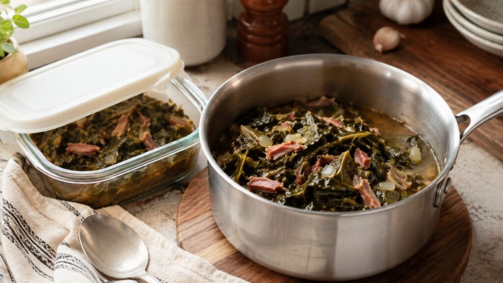 Leftover Collard Greens Reheating In A Saucepan With A Storage Container Nearby