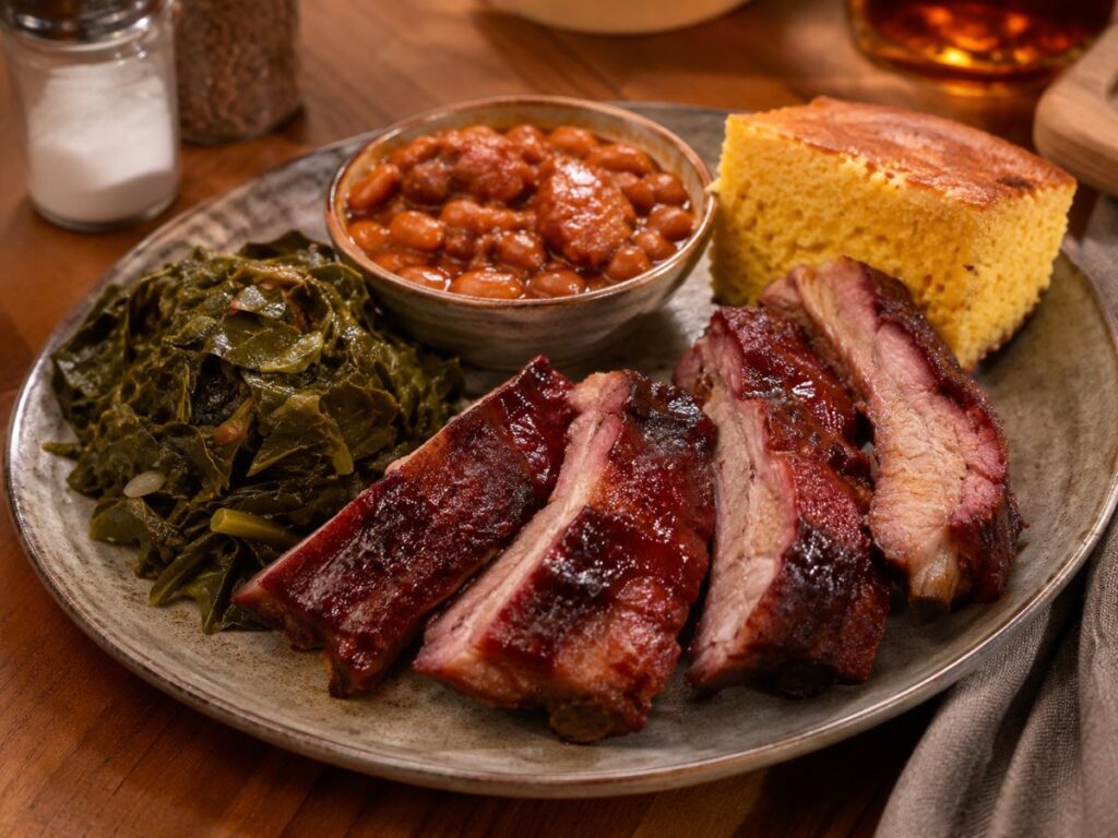 Plate Of Oven Bbq Spare Ribs Served With Collard Greens, Cornbread And Baked Beans.