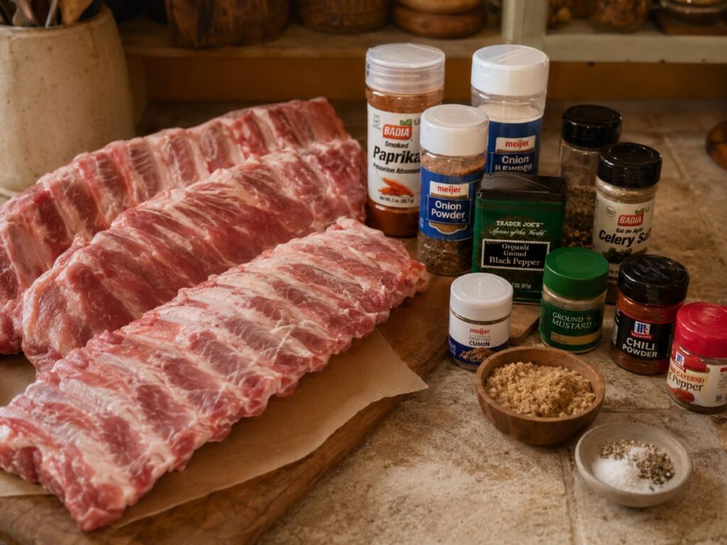 Raw Pork Spare Ribs With Smoked Paprika, Garlic Powder, Onion Powder, Black Pepper And Other Barbecue Spices.