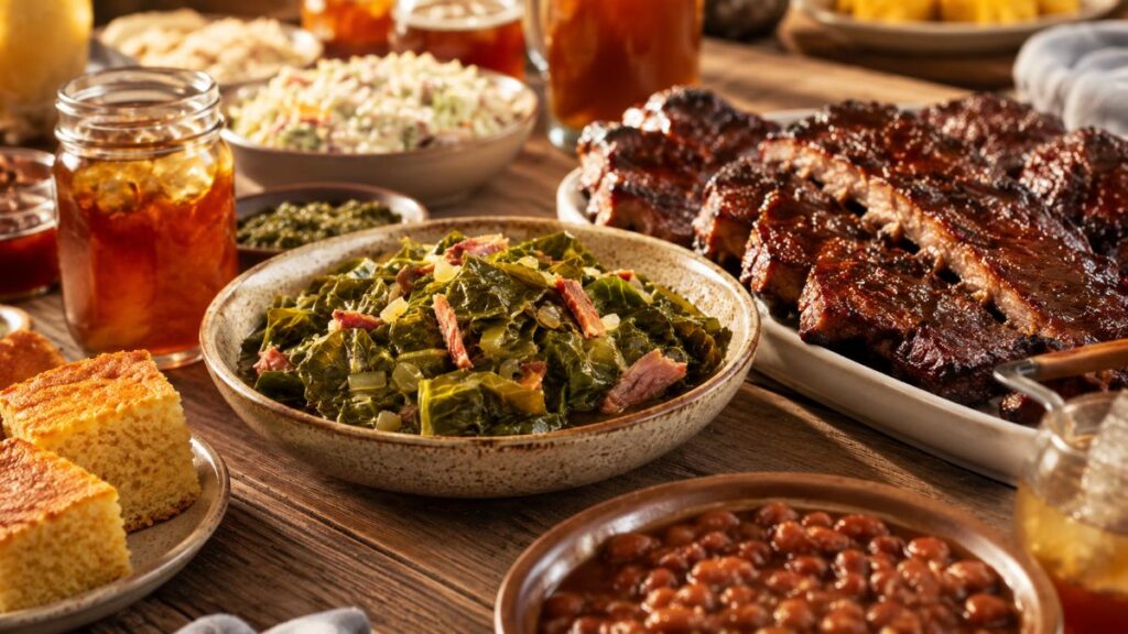 Barbecue Table With Collard Greens, Bbq Ribs, Baked Beans, Cornbread And Iced Drinks
