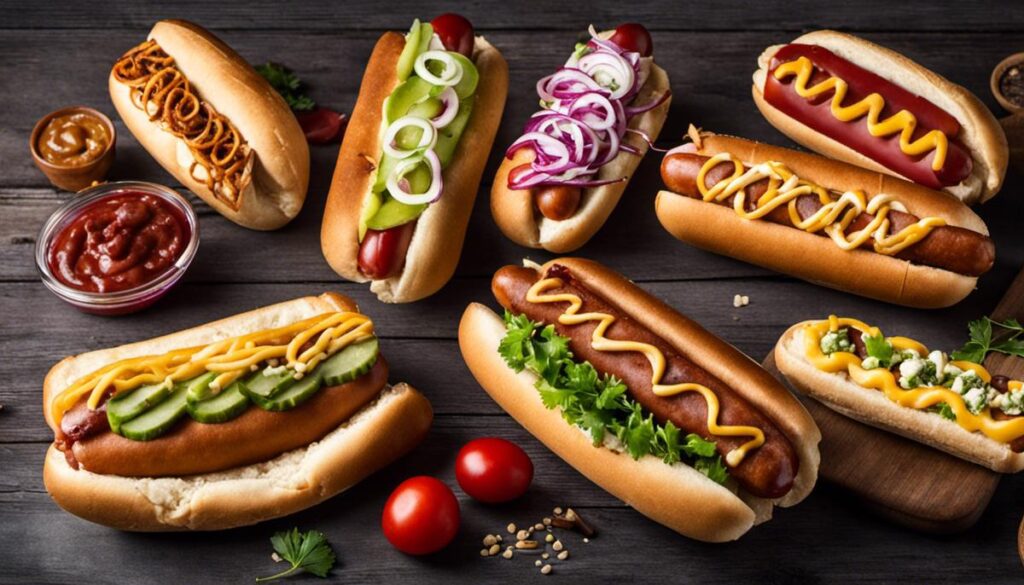 Variety Of Gourmet Hot Dogs Displayed