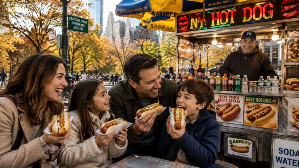 Family Eating Hotdogs At Central Park