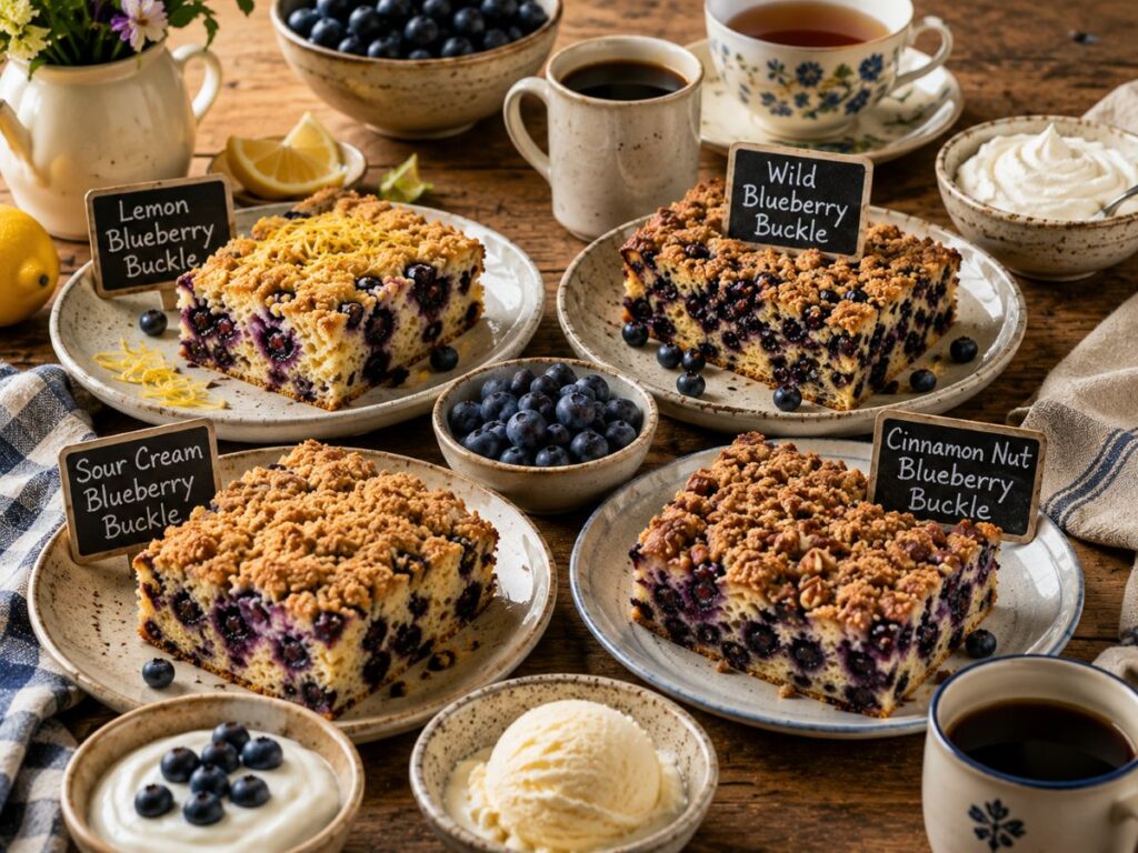 Various Blueberry Buckle Desserts Displayed Elegantly.