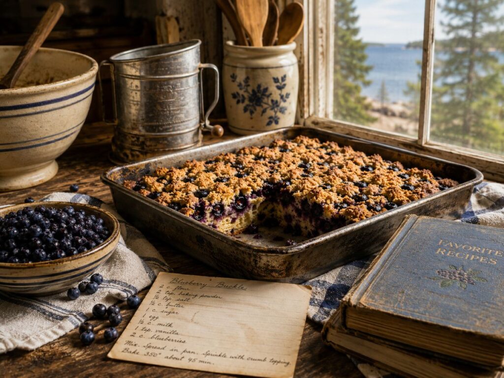 Blueberry Buckle Recipe On Rustic Kitchen Table.