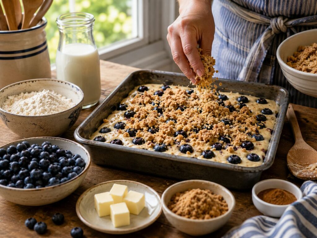 Preparing Blueberry Buckle With Toppings