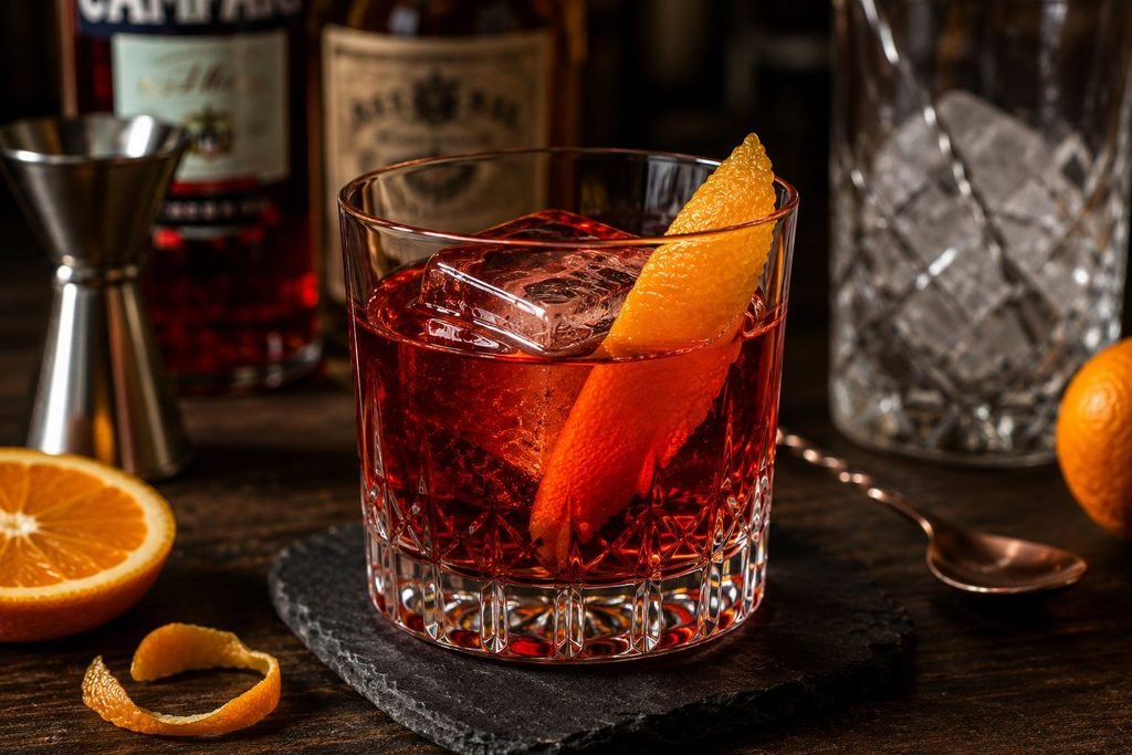 Negroni Cocktail Over Ice With Orange Peel.