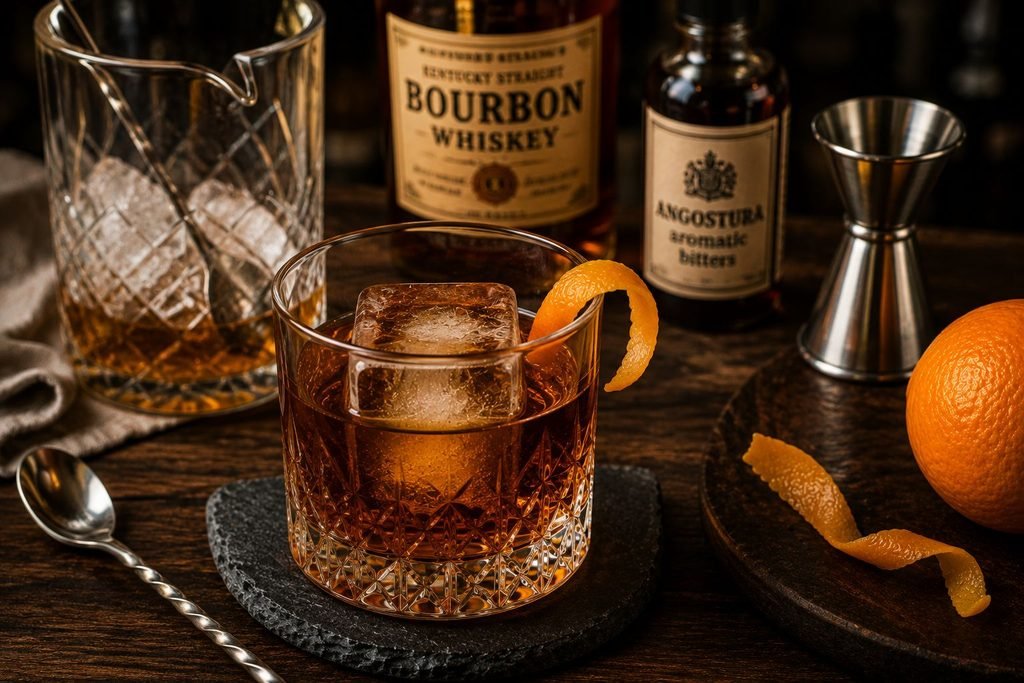 Old Fashioned Cocktail With Whiskey, Ice And Orange Peel.
