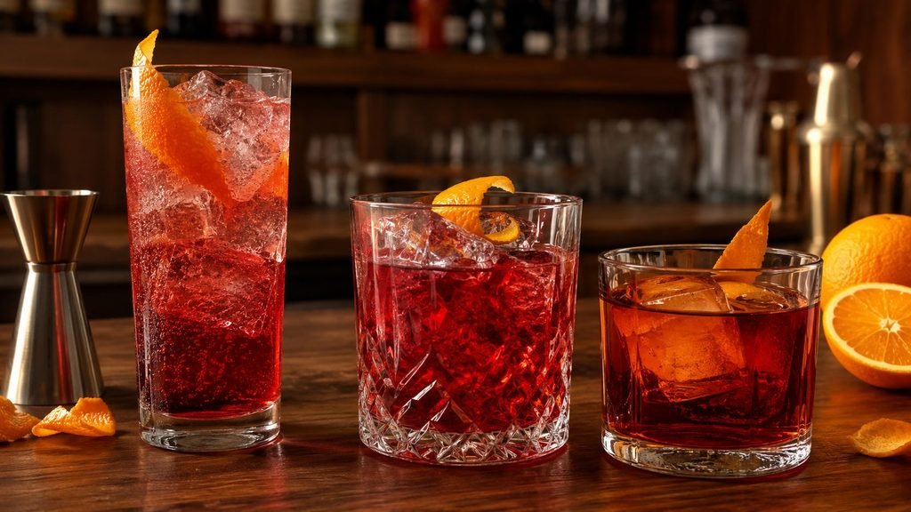 Three Cocktails With Orange Garnish