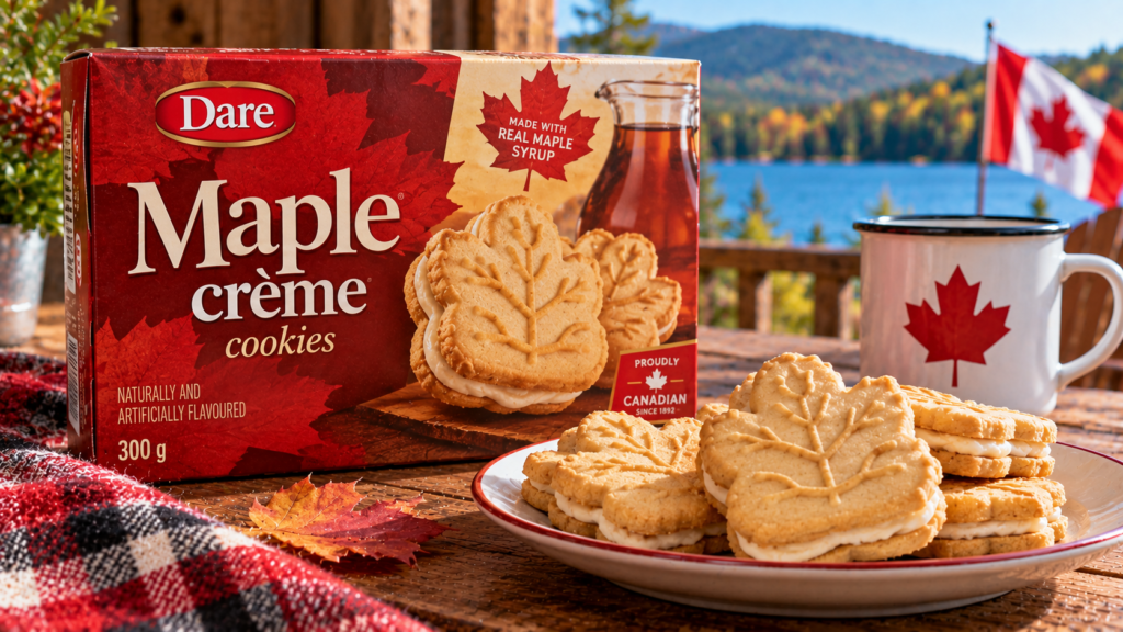 Maple Cookies With Autumn Scenery Backdrop.