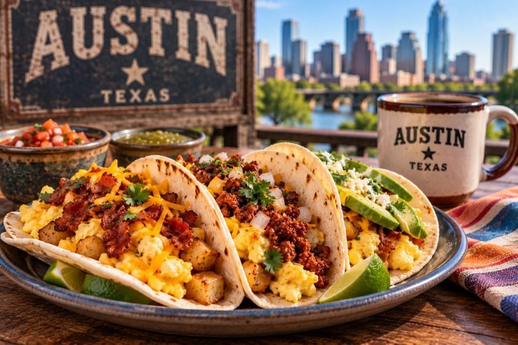 Delicious Tacos With City Skyline Backdrop