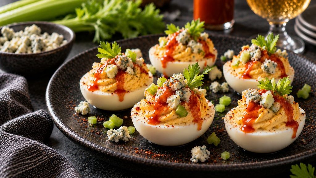Buffalo Deviled Eggs Topped With Blue Cheese And Celery.