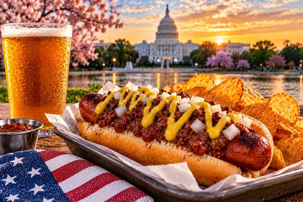 Chili Dog With Sunset And Beer