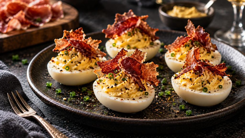 Dijon Deviled Eggs Topped With Crispy Prosciutto.