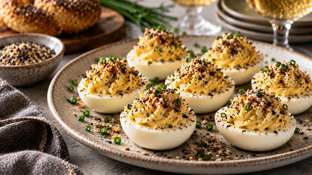 Everything-Bagel Deviled Eggs With Sesame And Poppy Seeds.