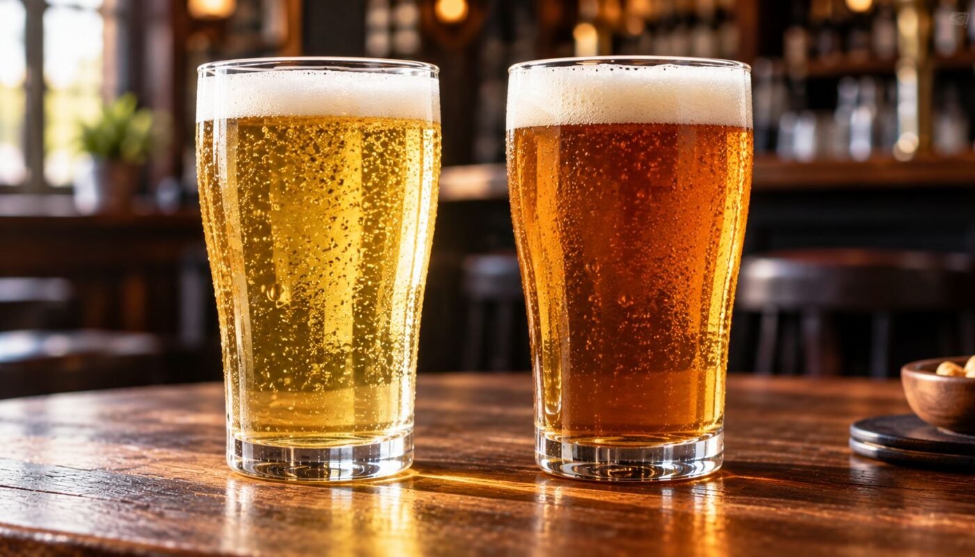 : Light Beer And Regular Beer In Matching Glasses For Comparison.