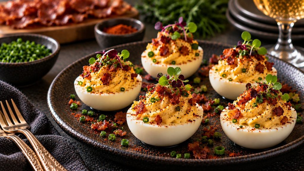 Maple Bacon Deviled Eggs With Cracked Black Pepper.