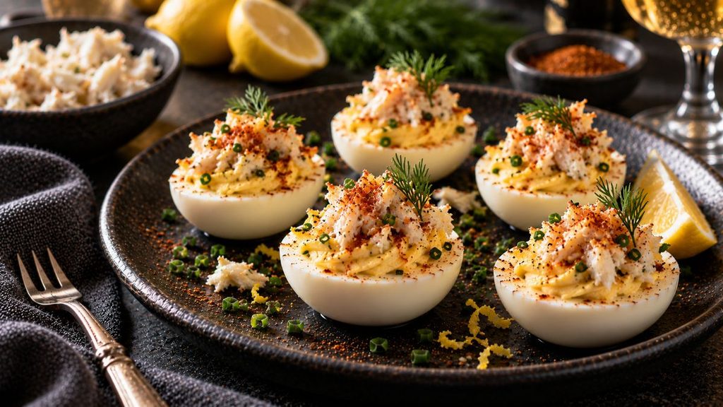 Crab Deviled Eggs With Lemon Zest And Seafood Seasoning.