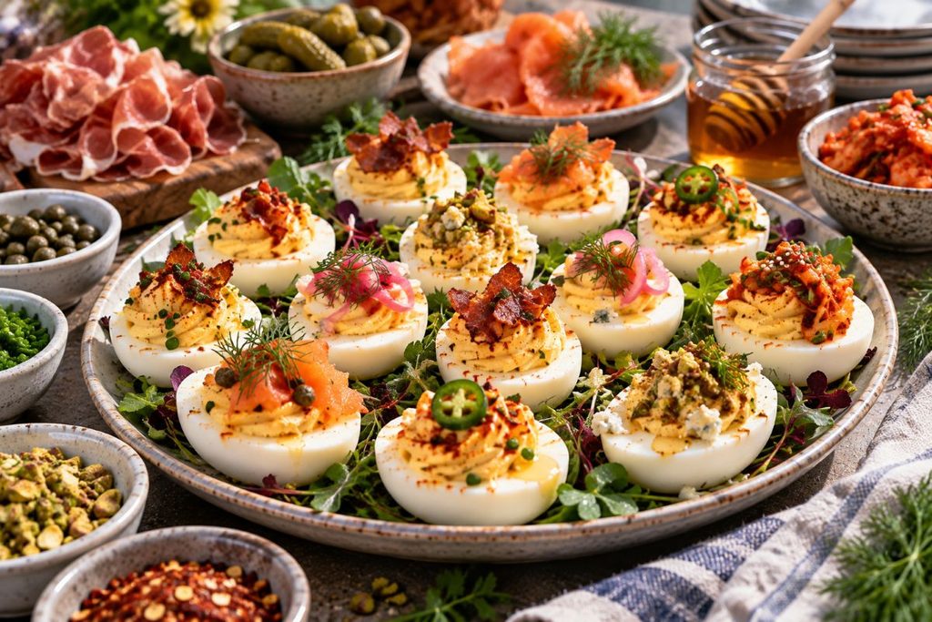Colorful Deviled Eggs With Toppings