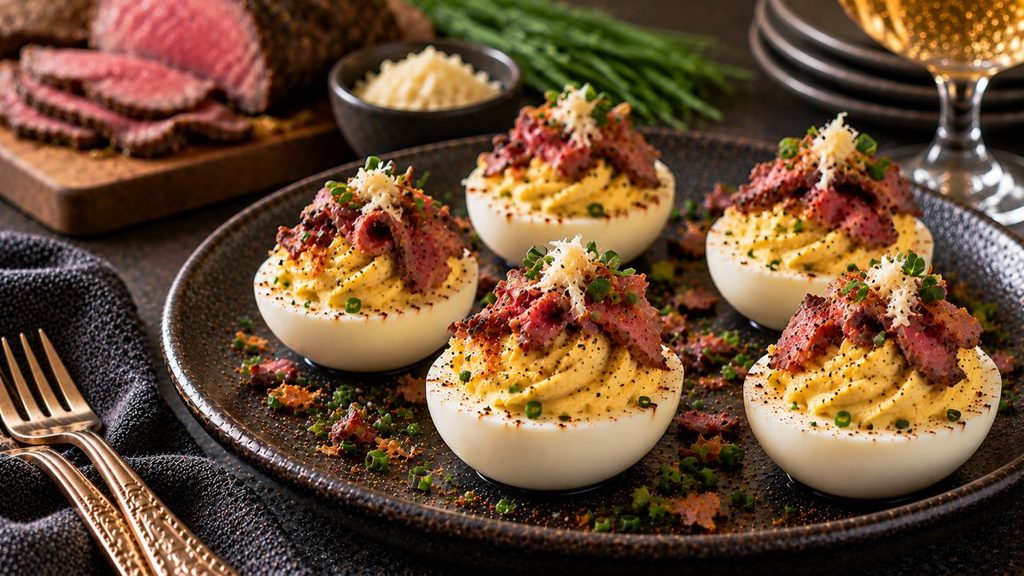 Horseradish Deviled Eggs Topped With Thin Roast Beef.