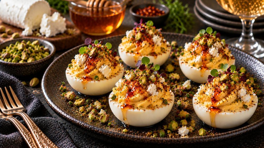 Goat Cheese Deviled Eggs With Hot Honey And Pistachios.