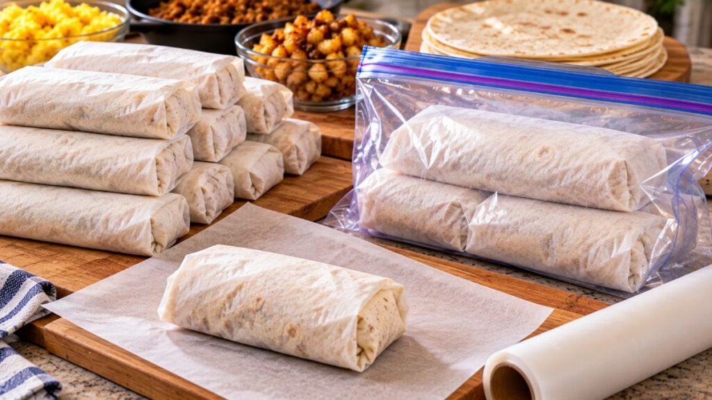 Prepared Frozen Breakfast Burritos Ready For Freezing.