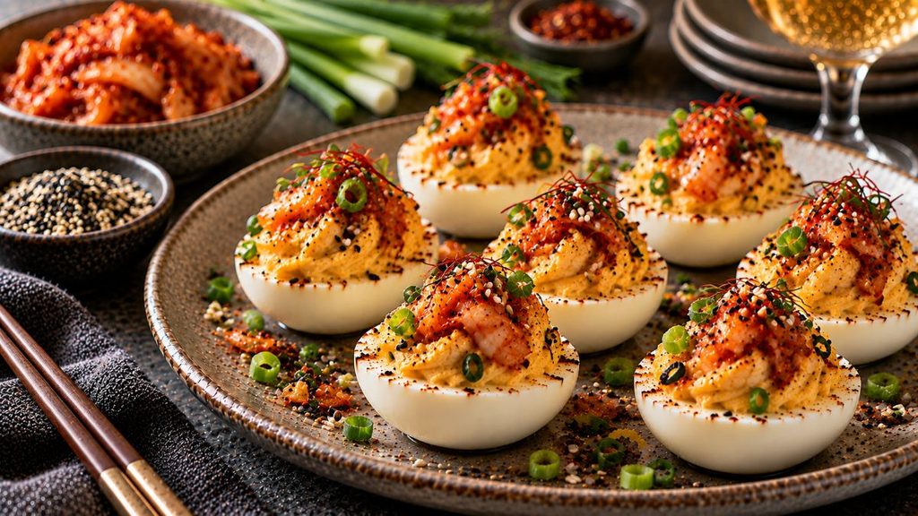 Kimchi Deviled Eggs Topped With Sesame Seeds And Scallions.