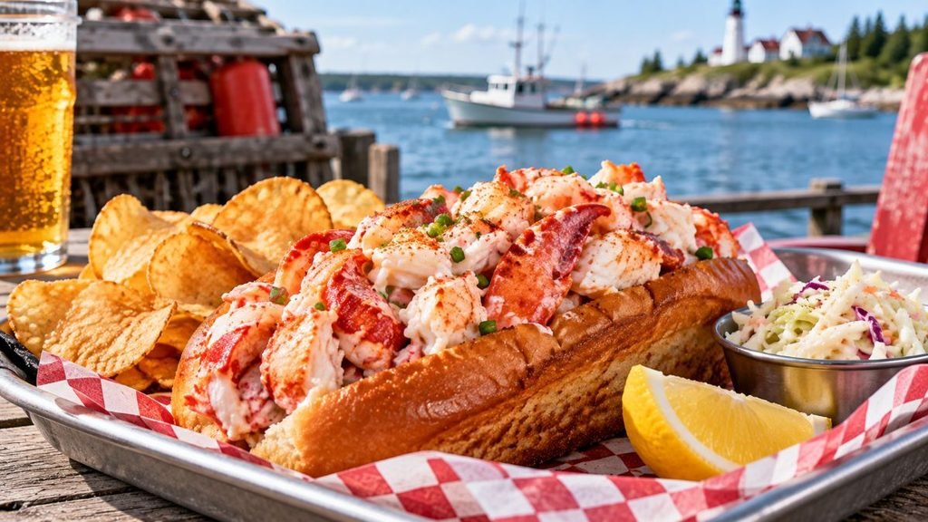 Lobster Roll With Chips And Beer