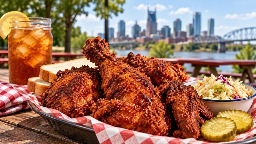 Fried Chicken, Sides, City Skyline Backdrop