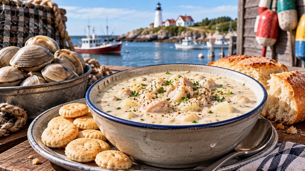 Clam Chowder With Coastal Scenery.