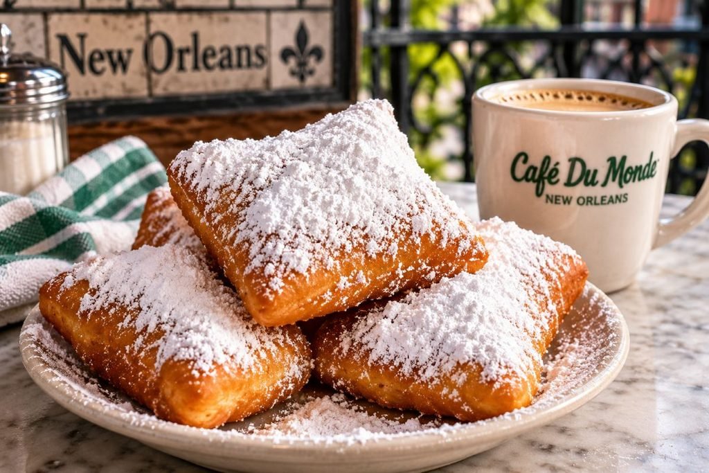Beignets With Powdered Sugar And Coffee