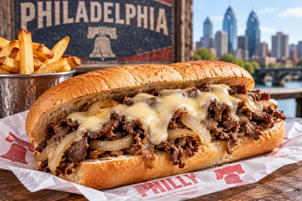 Cheesesteak Sandwich With City Skyline Backdrop
