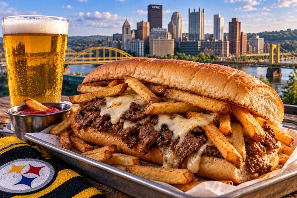 Sandwich, Fries, Beer, City Skyline.