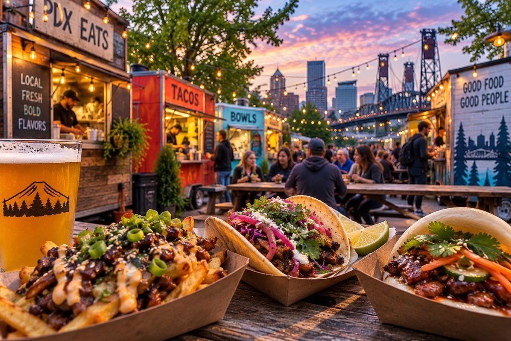 Food Carts With City Skyline Backdrop Local Foods By Us City