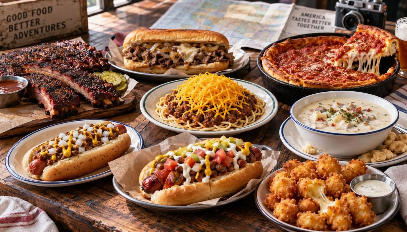 Table Filled With Regional American Foods Including Barbecue Ribs, Cheesesteak, Chili, Coney Dog, Clam Chowder And Deep-Dish Pizza.