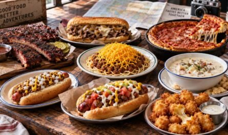 Table Filled With Regional American Foods Including Barbecue Ribs, Cheesesteak, Chili, Coney Dog, Clam Chowder And Deep-Dish Pizza.