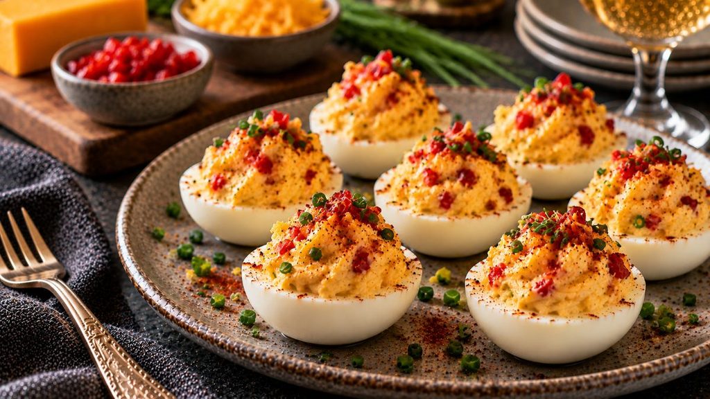 Pimento Cheese Deviled Eggs With Paprika And Red Pimento.