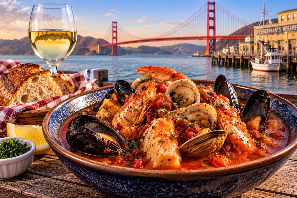 Seafood Dish With Golden Gate Backdrop