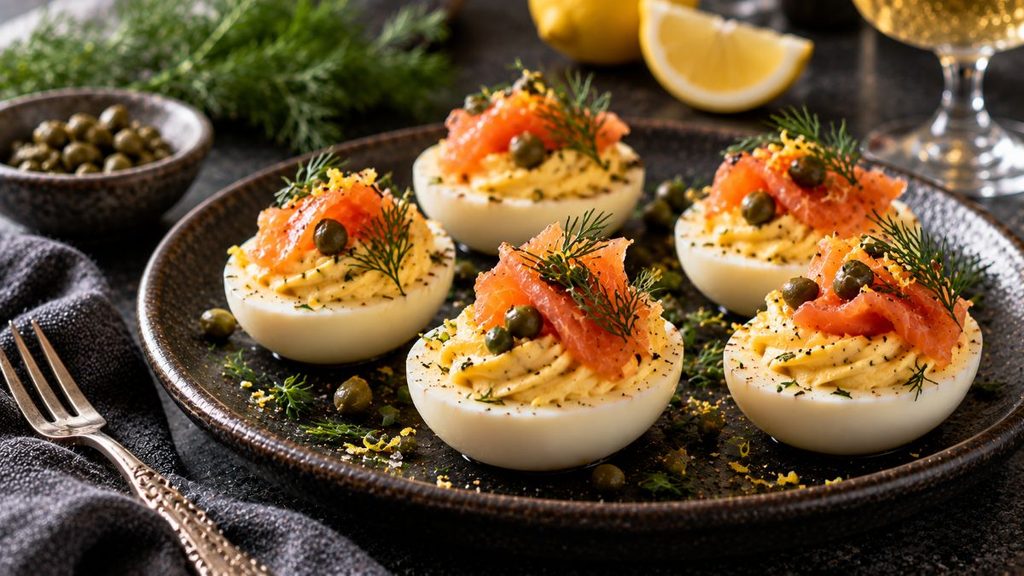 Smoked Salmon And Crab Deviled Eggs With Fresh Garnishes.