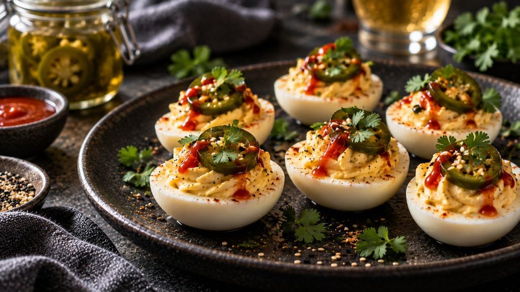 Sriracha Deviled Eggs With Quick-Pickled Jalapeños.