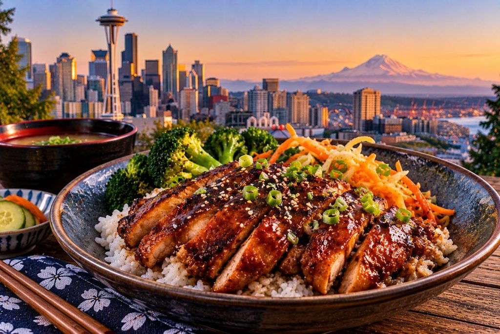 Teriyaki Chicken With Seattle Skyline Backdrop