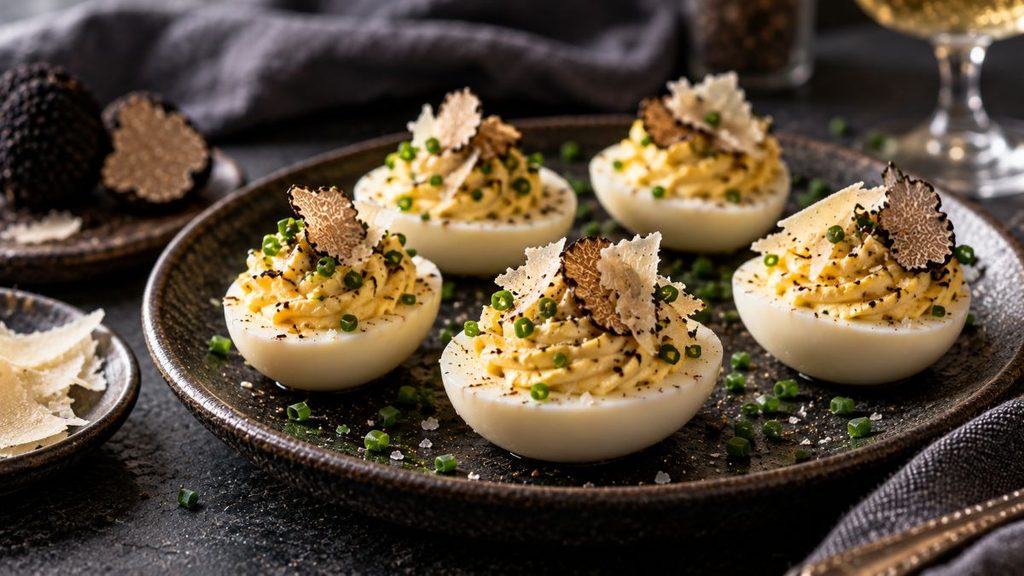 Truffle-Chive And Crispy Prosciutto Deviled Eggs On A Serving Platter.